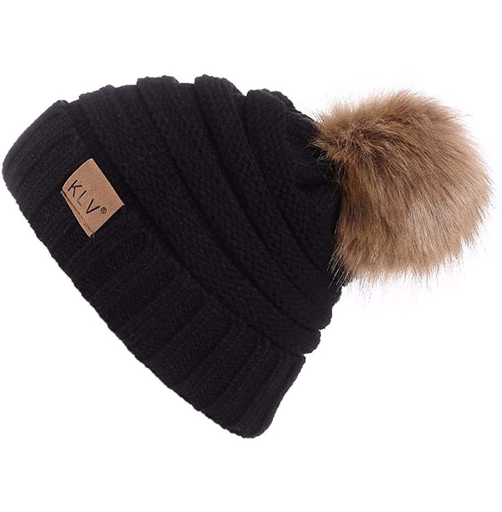 Skullies & Beanies Womens Winter Knitted Beanie Hat with Faux Fur Warm Knit Skull Cap Beanie - 01-black - CJ18AU8GDHL