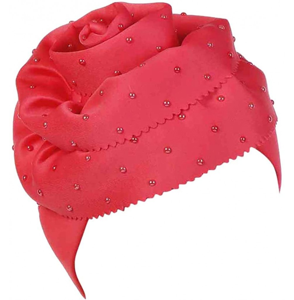Skullies & Beanies Elegant Headscarf-Women Floral Rhinestone Scarf Turban Head Wrap Cap - Watermelon Red - CA18Q9G4NOK