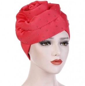 Skullies & Beanies Elegant Headscarf-Women Floral Rhinestone Scarf Turban Head Wrap Cap - Watermelon Red - CA18Q9G4NOK