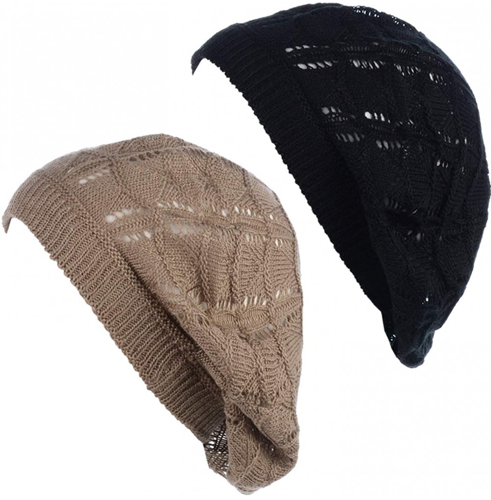 Berets Chic Parisian Style Soft Lightweight Crochet Cutout Knit Beret Beanie Hat - C318EOQQACC