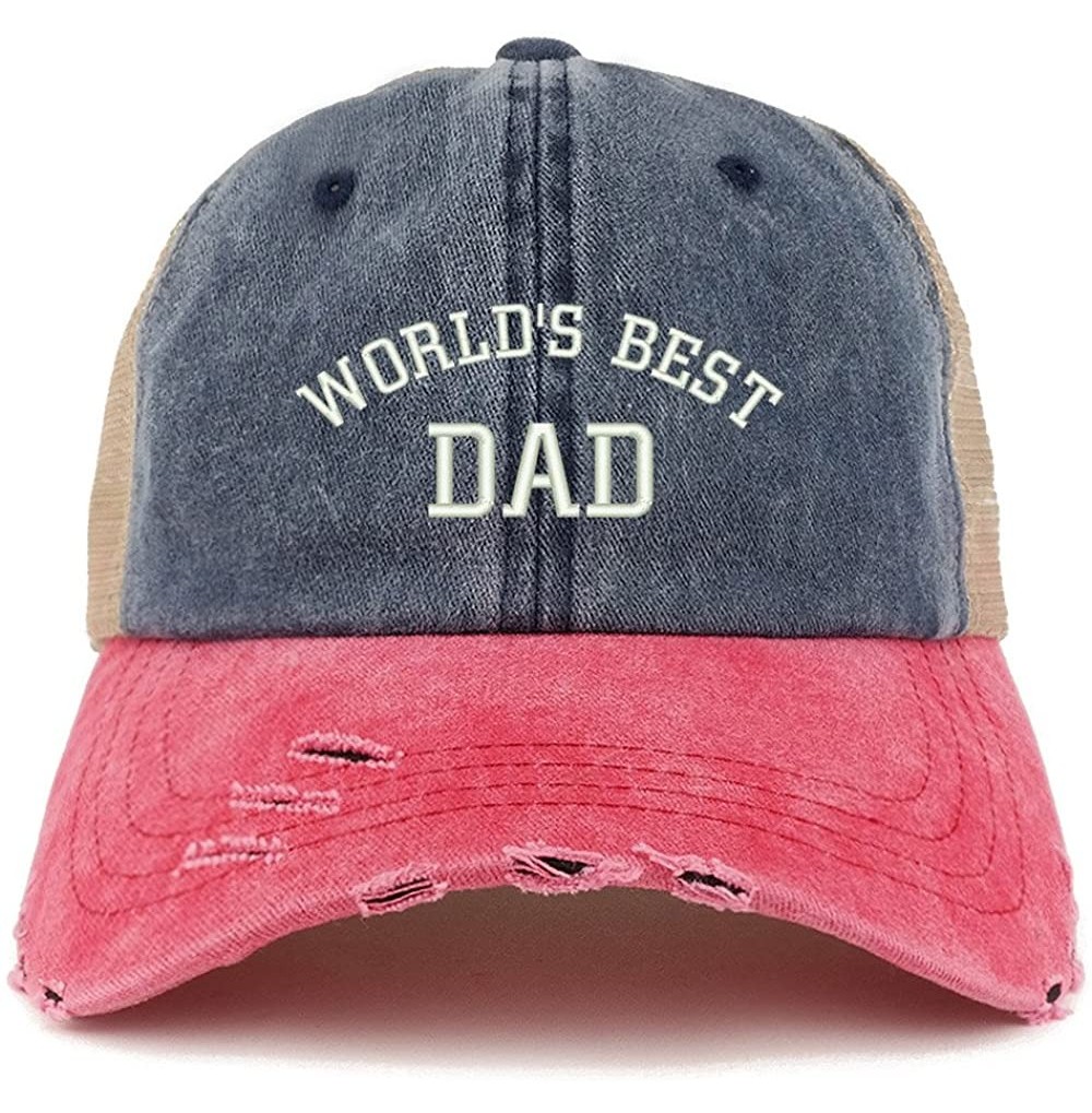 Baseball Caps World's Best Dad Embroidered Frayed Bill Trucker Mesh Back Cap - Navy Red - CW18CWSQC8T