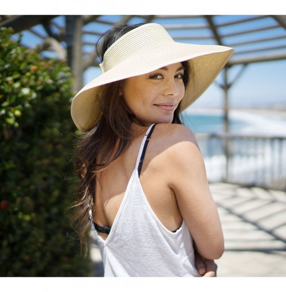 Sun Hats Women Mens UPF 50+ Wide Brim Starw Sun Hat Roll Up Panama Fedora Beach Hat - Beige White Mix - CR1968DSMMA