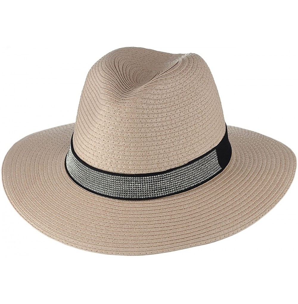 Sun Hats Women's Paper Woven Rhinestone Band Panama Sun Hat - Pink - CU18CNIOR47