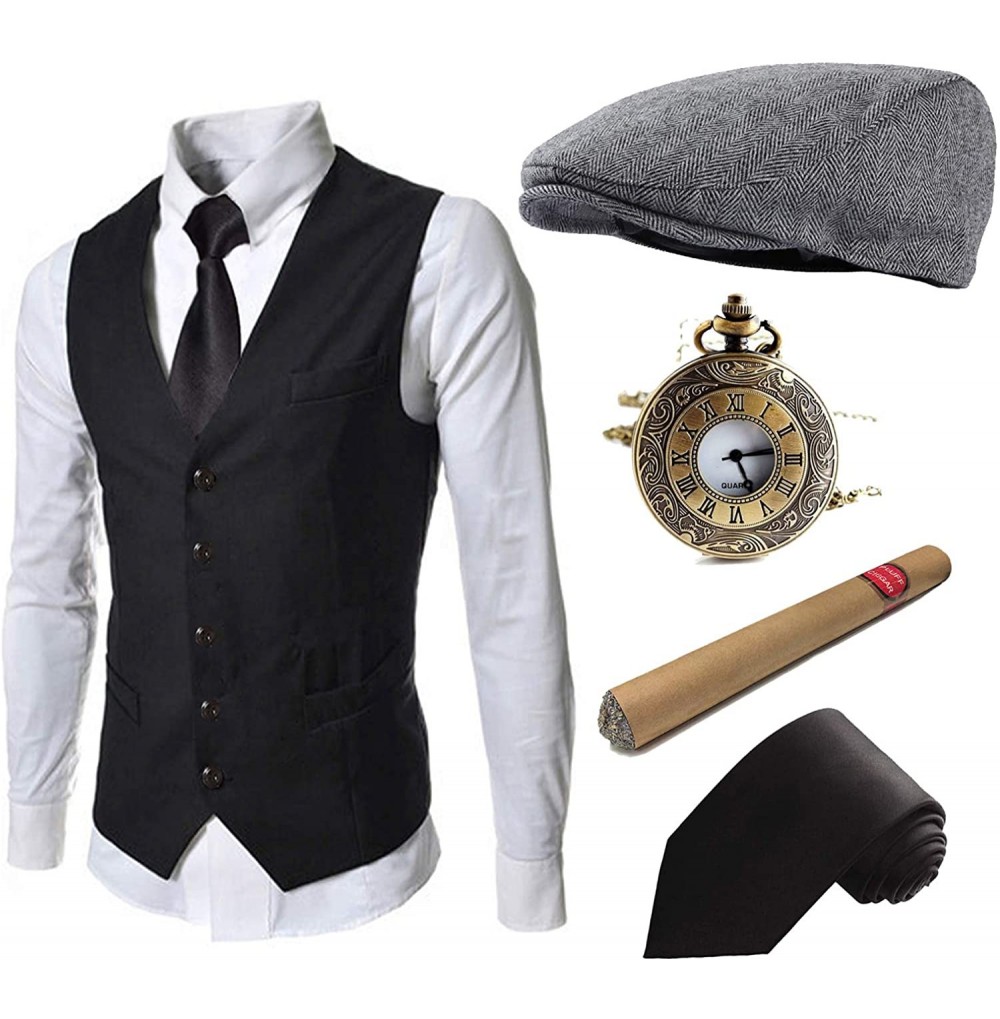 Newsboy Caps 1920s Mens Costume Accessories Set - Gatsby Ivy Newsboy Hat Caps-1920s Gangster Vest-Plastic Cigar-Tie - Set05 -...