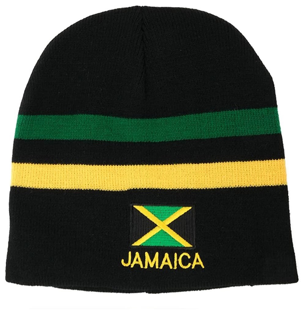 Skullies & Beanies Green- Yellow Stripe Jamaica Flag and Text Embroidered Short Beanie Hat - Black - C012NYWTAZB