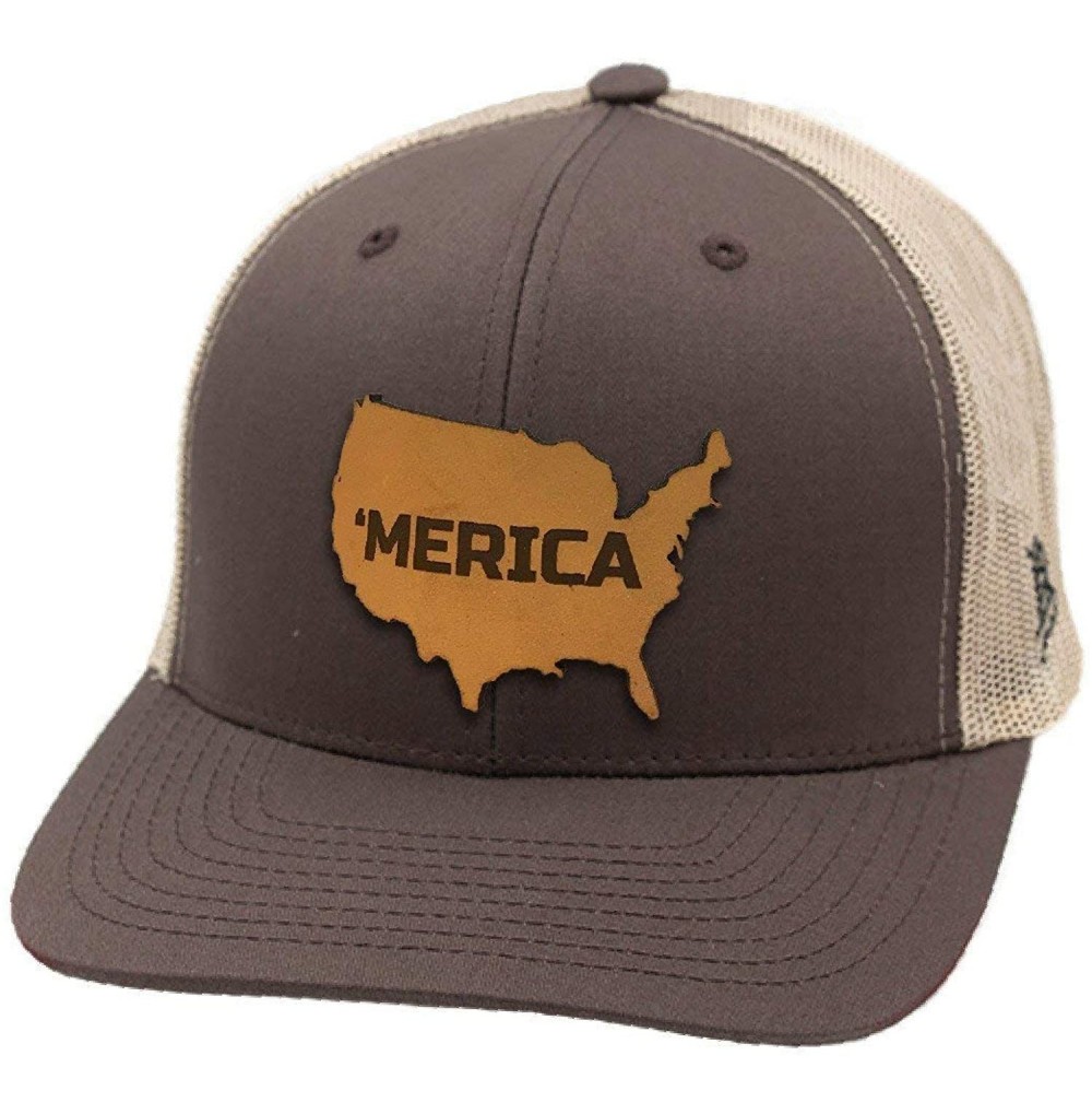 Baseball Caps USA 'The 'Merica' Leather Patch Hat Curved Trucker - Brown/Tan - CN18IGR3OOC