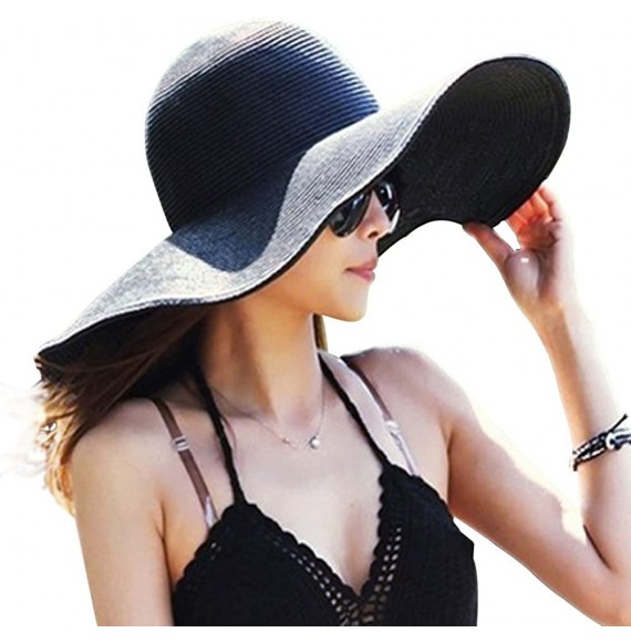 Sun Hats Womens Bowknot Straw Hat Foldable Beach Sun Hat Roll up UPF 50+ - Ac Black 5.9' Brim - CJ18W93OE9S