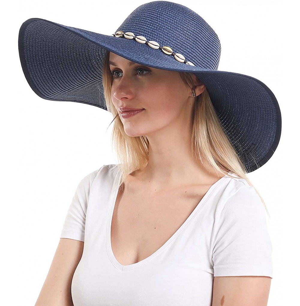 Sun Hats Womens Wide Brim Straw Hat Floppy Foldable Roll up Cap Beach Sun Hat UPF 50+ - Navy - CF194KAQTKA