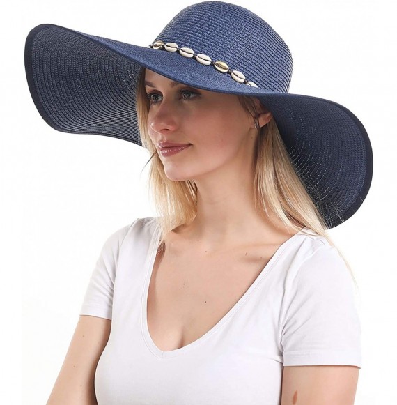 Sun Hats Womens Wide Brim Straw Hat Floppy Foldable Roll up Cap Beach Sun Hat UPF 50+ - Navy - CF194KAQTKA