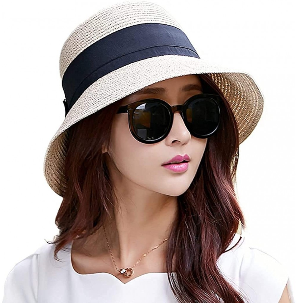 Bucket Hats Packable UPF Straw Sunhat Women Summer Beach Wide Brim Fedora Travel Hat 54-59CM - 69087_beige1 - CD18QS3I95O