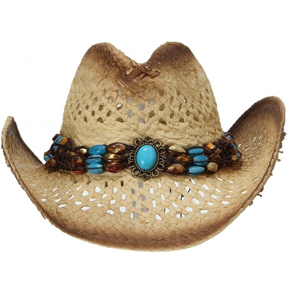Fedoras Straw Cowboy Hat Bend Brim Fedora Hat Faux Turquoise Belt - Brown - C612KZX6C3R
