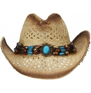 Fedoras Straw Cowboy Hat Bend Brim Fedora Hat Faux Turquoise Belt - Brown - C612KZX6C3R