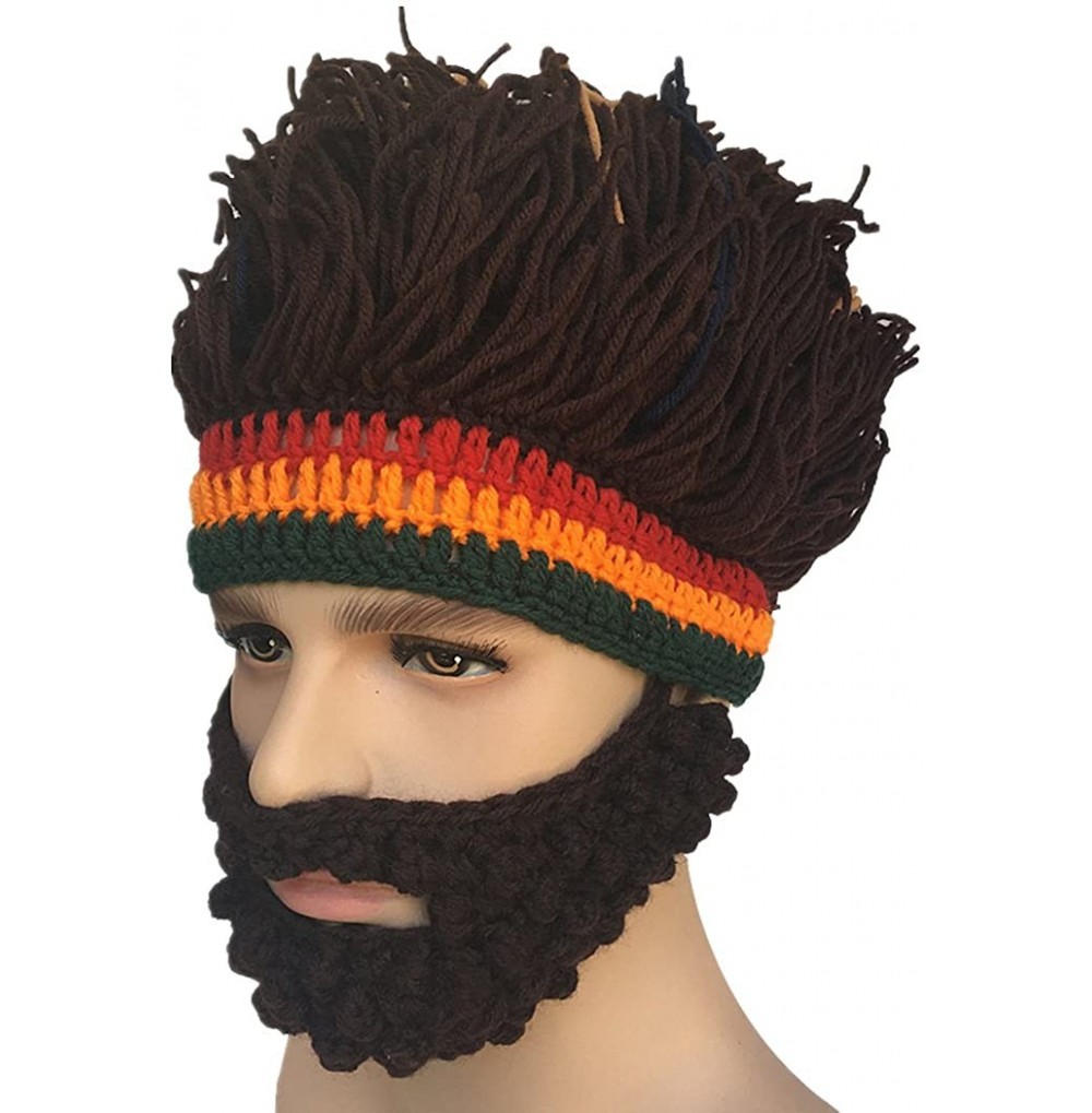 Skullies & Beanies Barbarian Knit Bearded Hats Wig Mask Original Foldaway Funny Caps - Brown - CS187CSLQ79