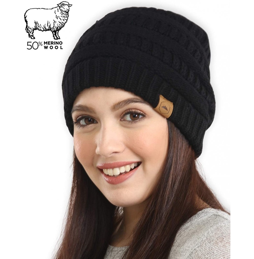 Skullies & Beanies Womens Cable Knit Beanie - Warm & Soft Stretch Winter Hats for Cold Weather - Merino Wool - Black - CM18WS...