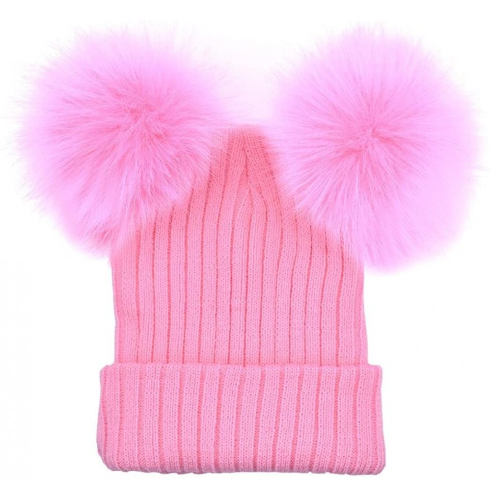 Skullies & Beanies Women Double Hairball Pom Pom Beanie Winter Warm Hat Crochet Knit Cap - Pink - CZ189484A27