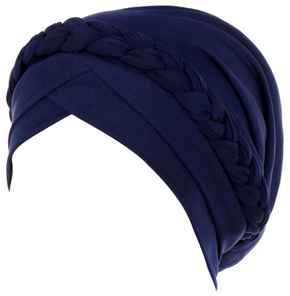 Skullies & Beanies Women Lady Elegant Muslim Simple Braided Scarf Hat Cap Turban Hat - Navy - CK18OT6XRR2