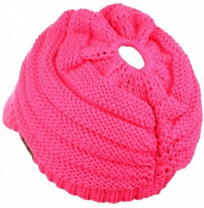 Skullies & Beanies BeanieTail Warm Knit Messy High Bun Ponytail Visor Beanie Cap - Candy Pink - CW1880LCNQS