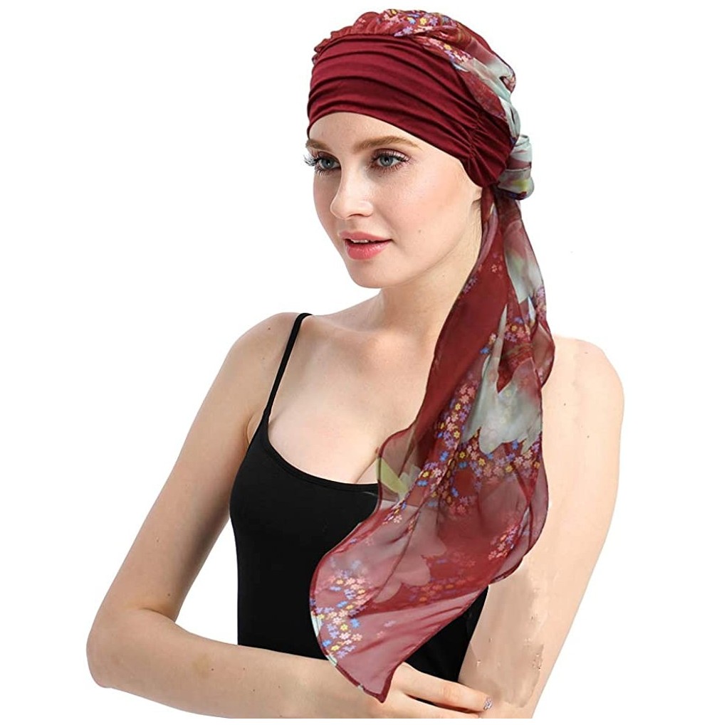 Skullies & Beanies Chemo Headwear Headwrap Scarf Cancer Caps Gifts for Hair Loss Women - Burgundy Star - CH189W35X3R