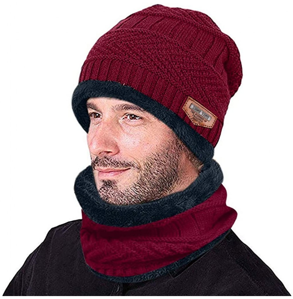 Skullies & Beanies Men's Warm Beanie Winter Thicken Hat and Scarf Two-Piece Knitted Windproof Cap Set - A-red - CM193CCXCN5