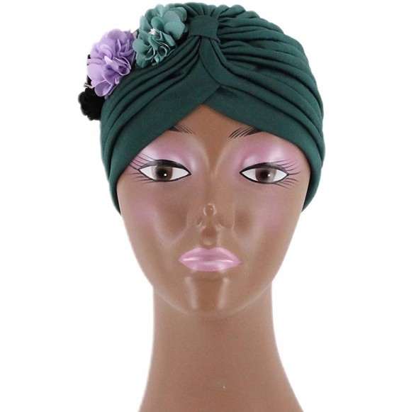 Sun Hats Shiny Metallic Turban Cap Indian Pleated Headwrap Swami Hat Chemo Cap for Women - Green Flower - CQ18Z5A209X
