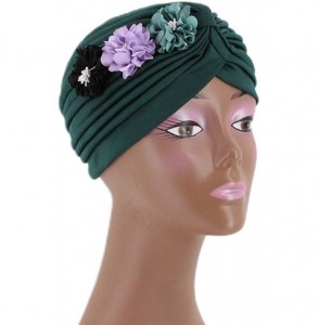 Sun Hats Shiny Metallic Turban Cap Indian Pleated Headwrap Swami Hat Chemo Cap for Women - Green Flower - CQ18Z5A209X