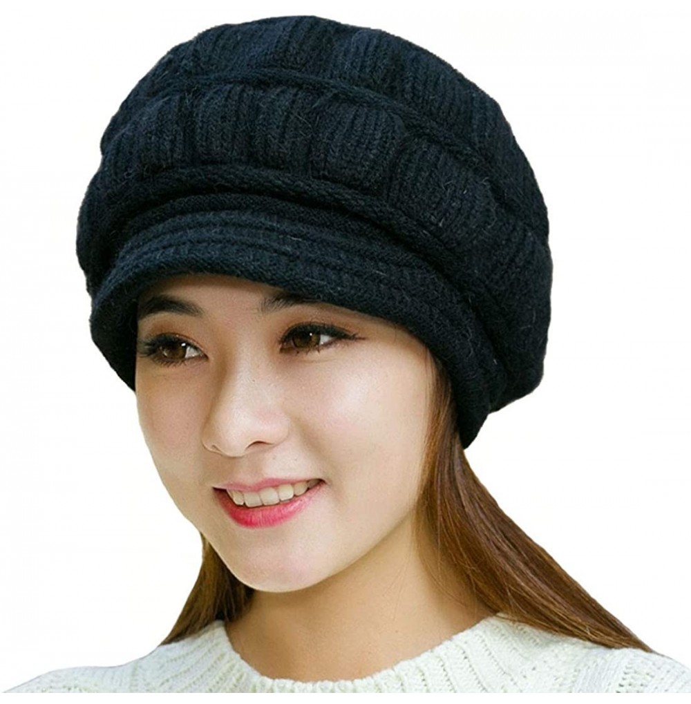 Skullies & Beanies Women's Winter Warm Hat Crochet Slouchy Beanie Knitted Caps with Visor - B-black - C218HKDX4S7