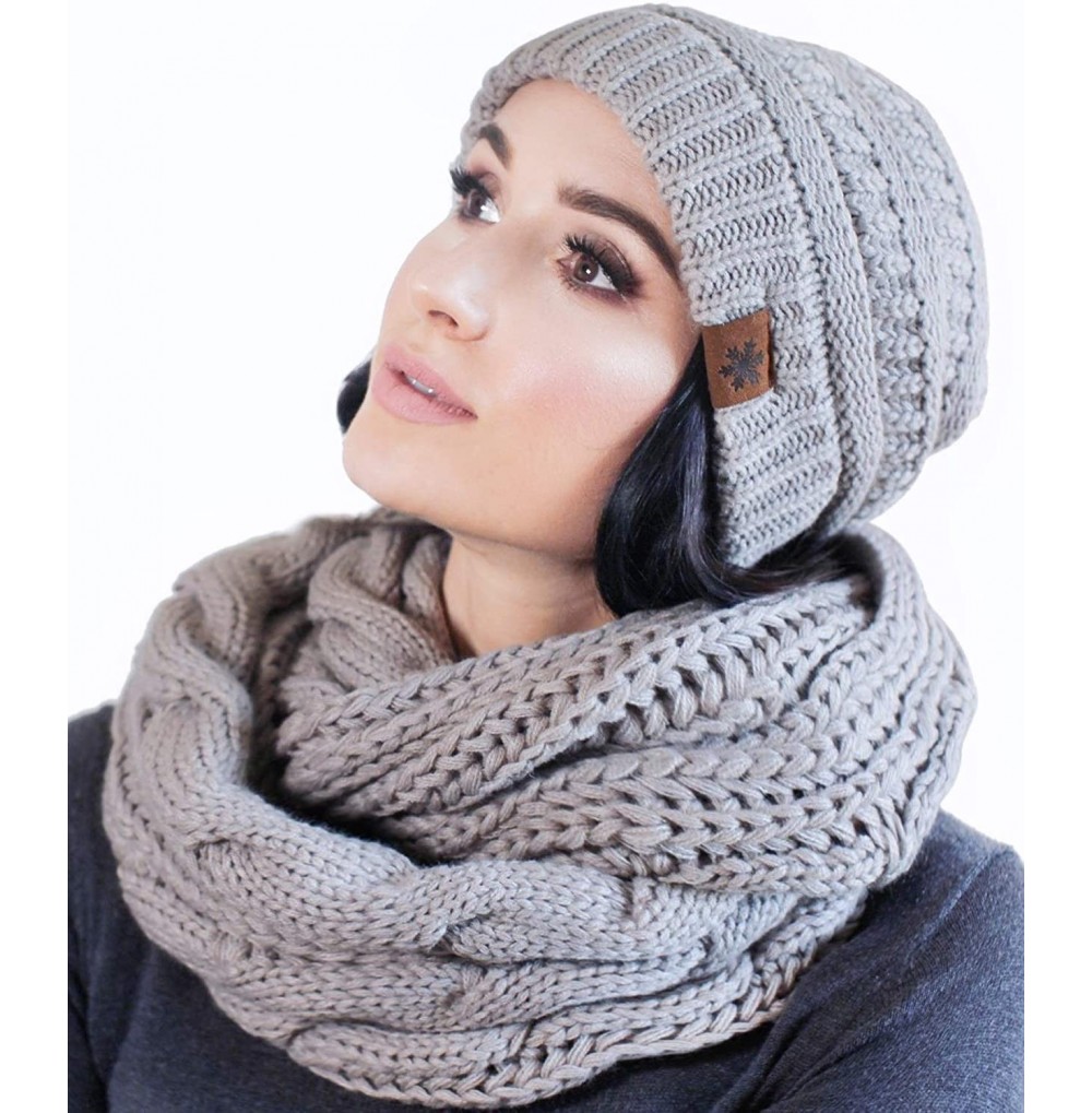 Skullies & Beanies Hat and Scarf Set Slouchy Cable Knit Beanie Winter Cap with Matching Infinity Scarf for Women - Grey - CV1...