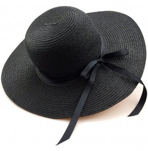 Sun Hats Women's Sun Hat Floppy Foldable Bowknot Straw Hat Summer Beach Cap - Black - C618DINN47H