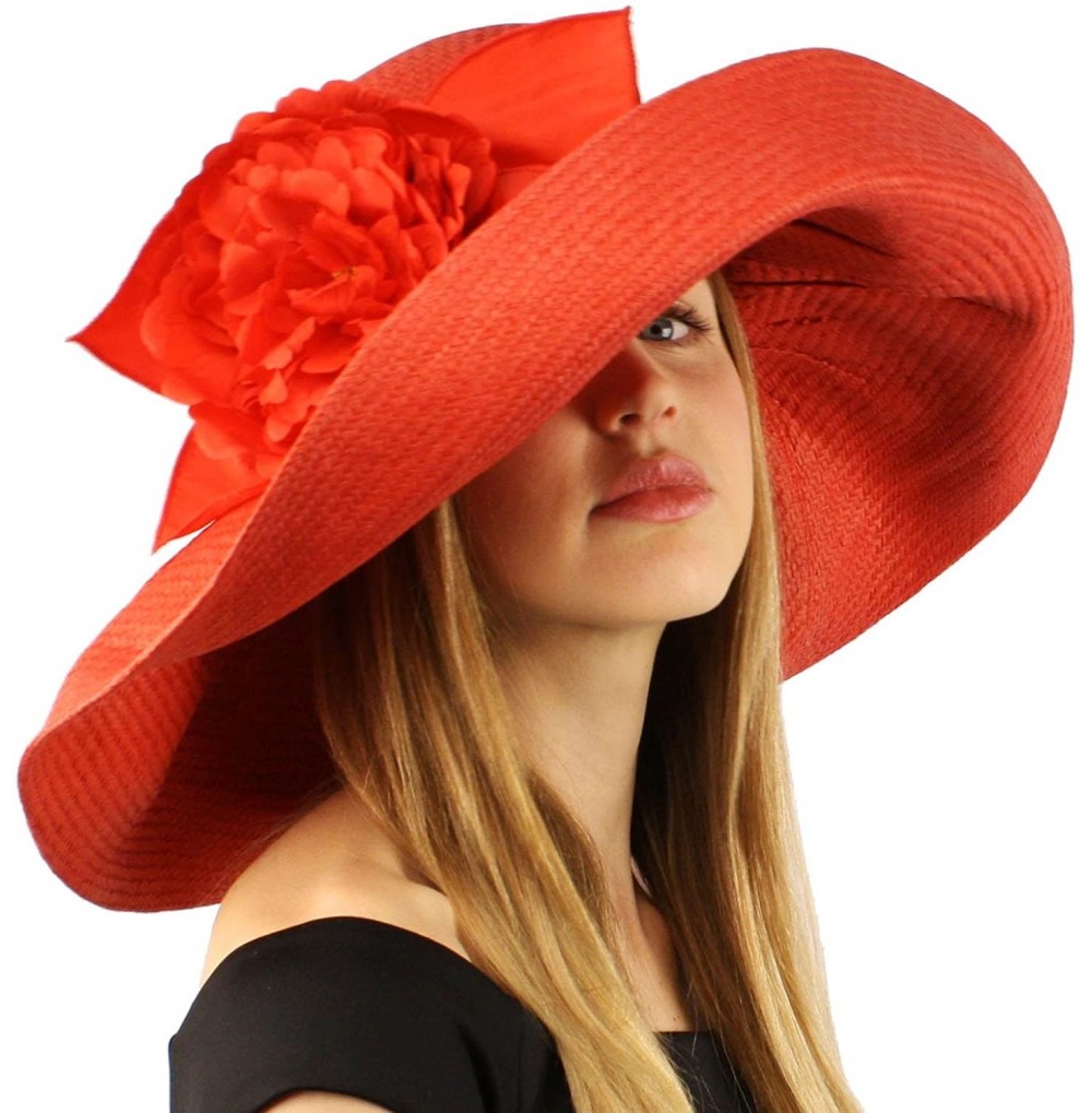 Sun Hats Summer Foral Ribbon Floppy Sun Big Wide 7" Brim Beach Hat Cap Adjustable - Red - C011CHZC9PR