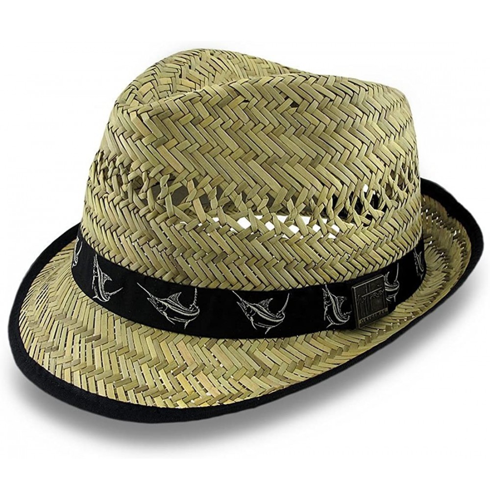 Fedoras Men's Rush Straw Fedora Hat with Marlin Embroidered Ribbon Hatband - Black - CN11JYMRX9D
