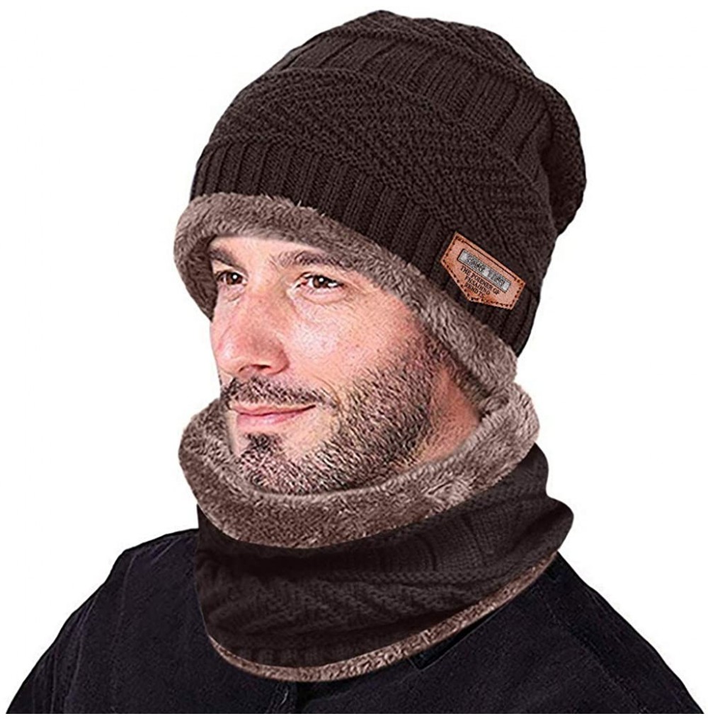 Skullies & Beanies Men's Warm Beanie Winter Thicken Hat and Scarf Two-Piece Knitted Windproof Cap Set - A-coffee - CZ193CCD09W