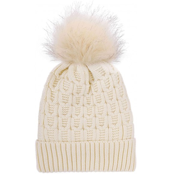 Skullies & Beanies Men & Women's Luxurious Faux Fur Pompom Thick Cable Cap Knit Skull Ski Cap Winter Beanie Hat - Vanilla - C...