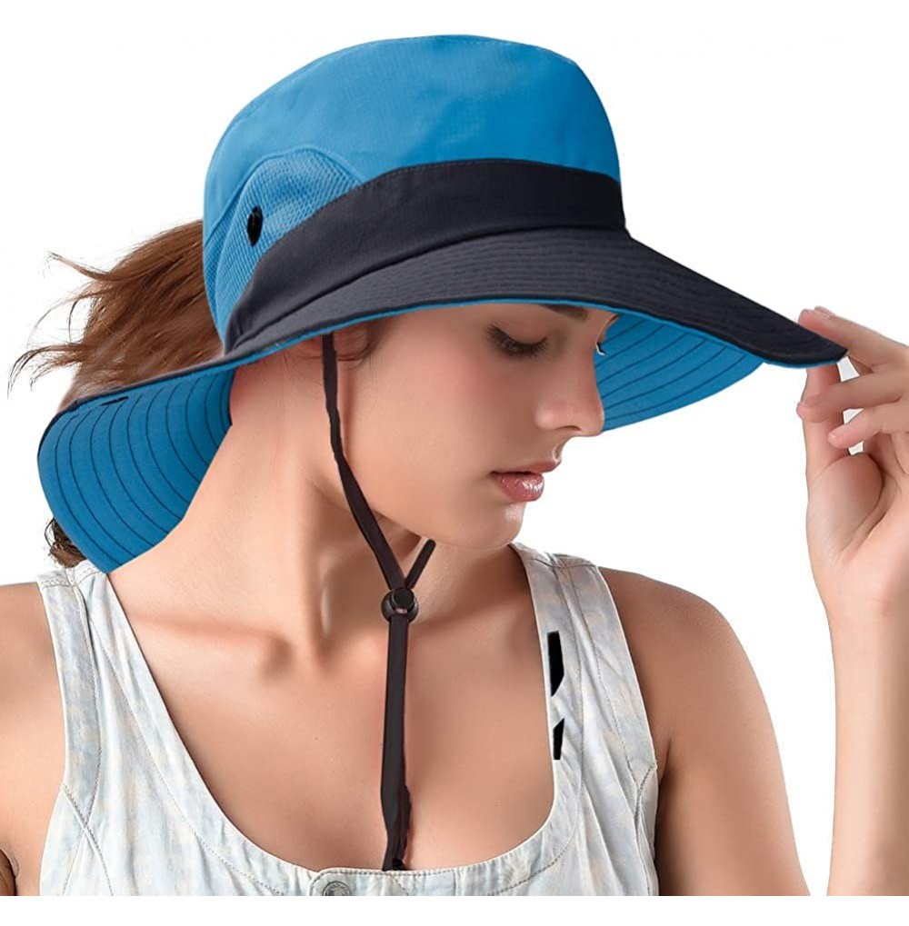 Sun Hats Ponytail Sun Bucket Hats for Women UV Protection Foldable Mesh Wide Brim Hiking Beach Fishing Summer Safari - C918QX...