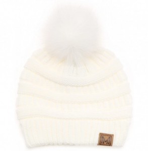 Skullies & Beanies Women's Soft Stretch Cable Knit Warm Skully Faux Fur Pom Pom Beanie Hats - 2 Pack - Black & Off White - CI...