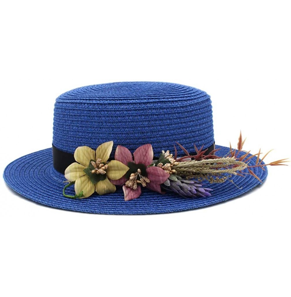 Sun Hats Women Straw Boater Hat Summer Beach Sun Sailor Bowler Cap w/Flower Hatband - Royal Blue - C118TK4G594