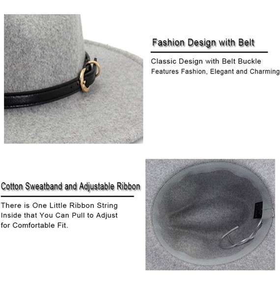 Fedoras Classic Wool Fedora Hats Wide Brim Belt Buckle for Women & Men - B-black Belt Light Grey - C1192ASRL2X