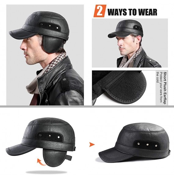 Newsboy Caps Winter Leather Cap with Earflap Military Cadet Army Flat Top Hat Outdoor - Black - CH1860DEYS3