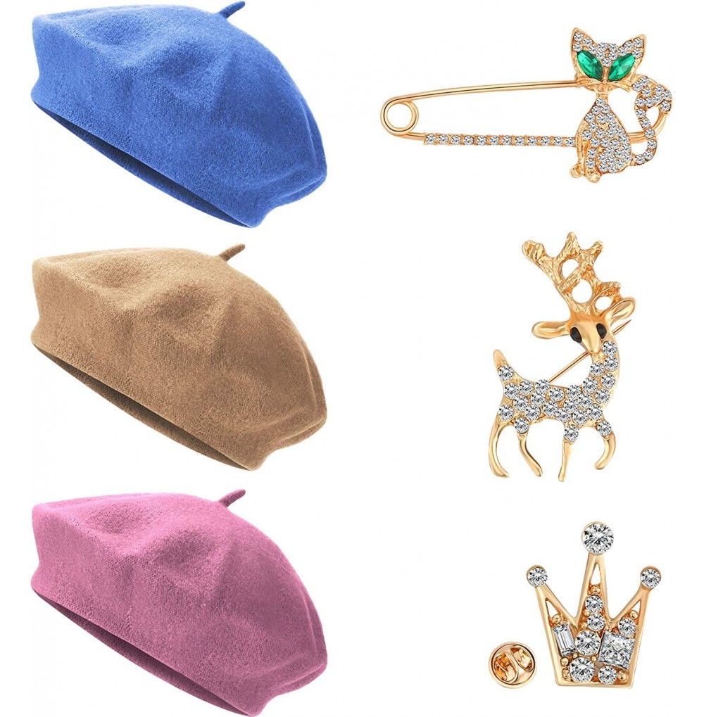 Berets Women Autumn Winter Beret Hat French Style Beret Artist Cap with Gold Brooch Pin (Color Set 5) - C218A8SUYLK