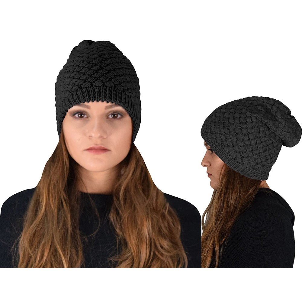 Skullies & Beanies Thick Crochet Knit Quilted Double Layer Beanie Slouchy Hat - Black 2 Pack - C412NE11V5K