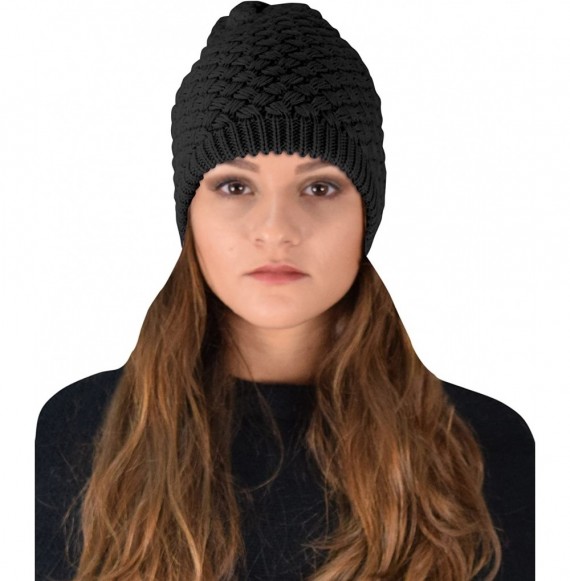 Skullies & Beanies Thick Crochet Knit Quilted Double Layer Beanie Slouchy Hat - Black 2 Pack - C412NE11V5K