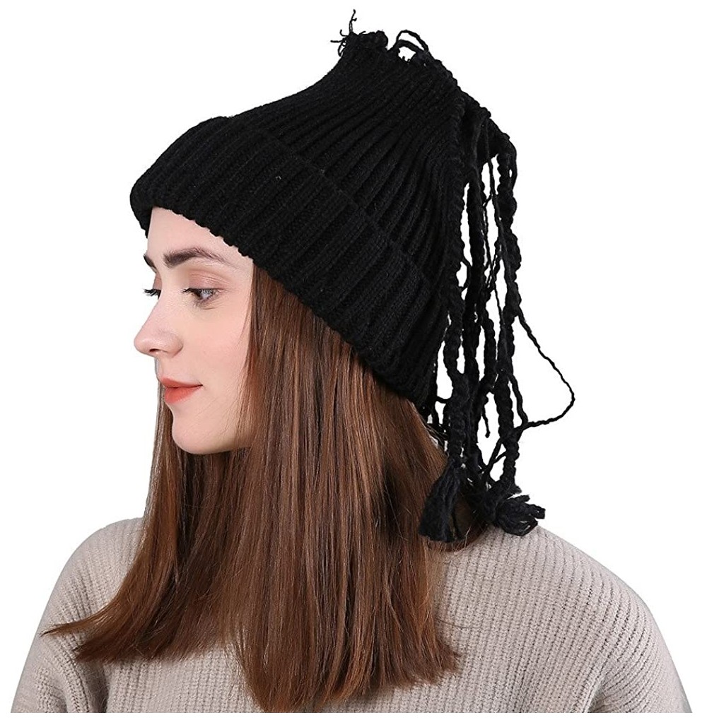 Berets Womens Slouchy Beanie Winter Hat Knit Warm Snow Ski Skull Cap Wool Solid Manual Braid Beanie Crochet Cap - Black - C31...