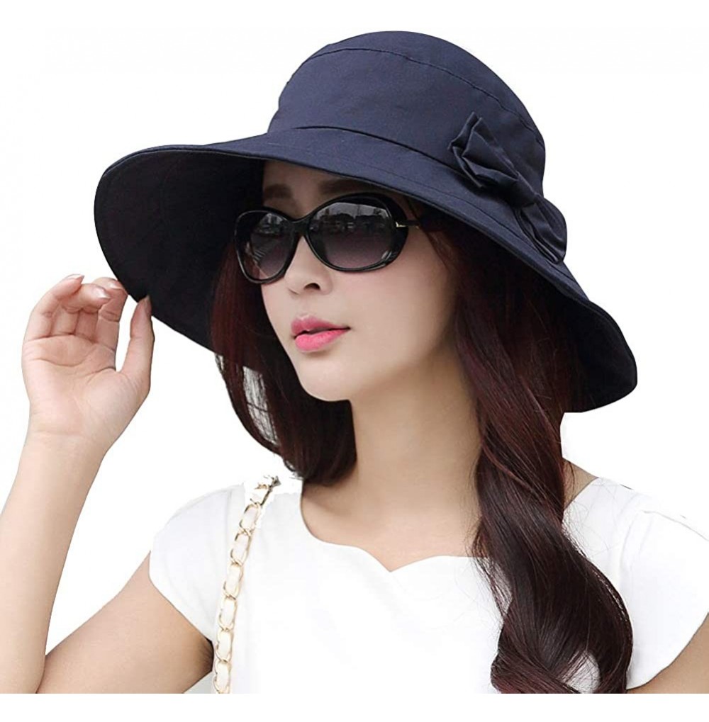 Sun Hats Womens UPF50 Cotton Packable Sun Hats w/Chin Cord Wide Brim Stylish 54-60CM - 69038_navy - CU18DWWW5KW