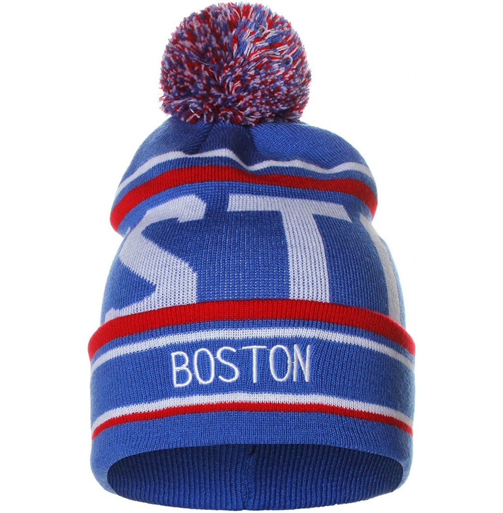 Skullies & Beanies Unisex USA Cities Fashion Large Letters Pom Pom Knit Hat Beanie - Boston Blue Red - CZ12N5RZL3P
