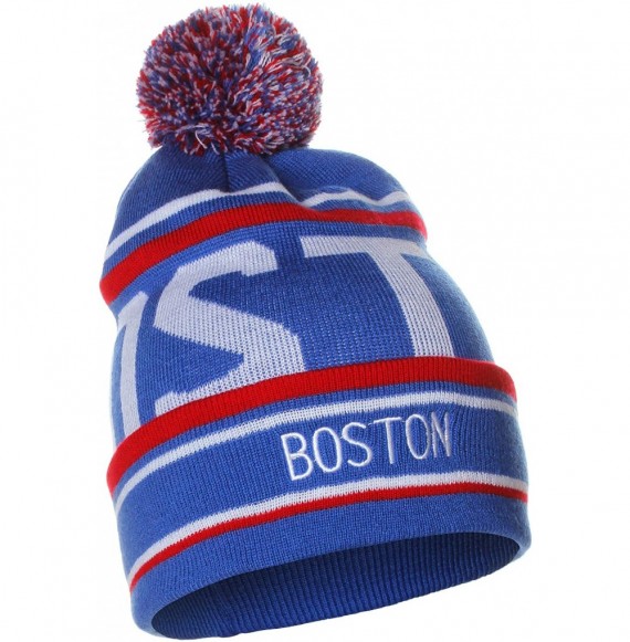 Skullies & Beanies Unisex USA Cities Fashion Large Letters Pom Pom Knit Hat Beanie - Boston Blue Red - CZ12N5RZL3P