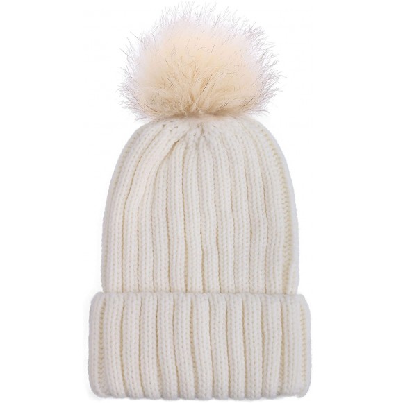 Skullies & Beanies Kids Unisex Cable Knit Beanie Cap Hat with Faux Fur Pom Pom- White - C41822SEDGC