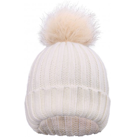 Skullies & Beanies Kids Unisex Cable Knit Beanie Cap Hat with Faux Fur Pom Pom- White - C41822SEDGC