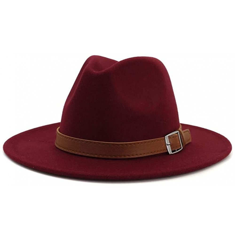 Fedoras Classic Men & Women Wide Brim Fedora Panama Hat with Belt Buckle - A Belt-wine Red - CP18RA2LULL