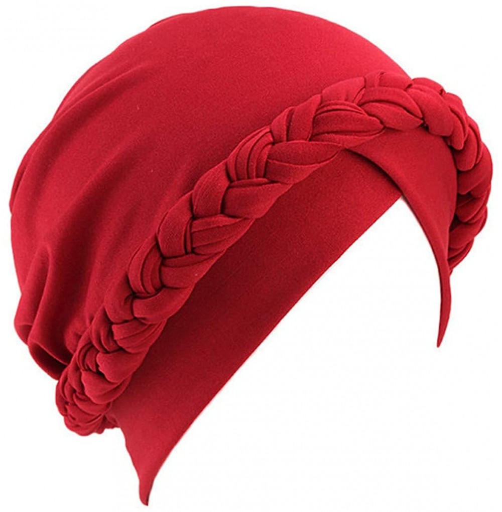 Skullies & Beanies Chemo Cancer Turbans Cap Twisted Braid Hair Cover Wrap Turban Headwear for Women - Single Braid Wine - CR1...