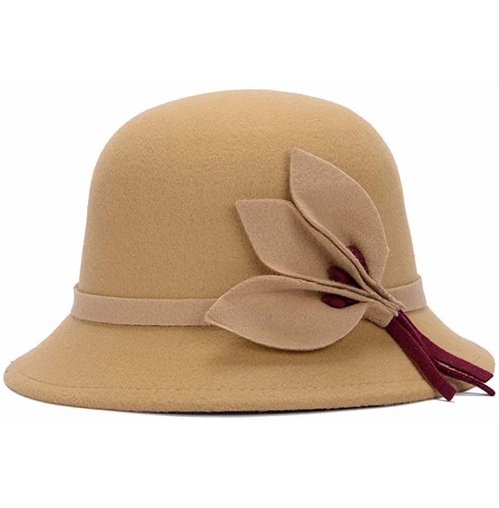 Bomber Hats Fahion Style Woolen Cloche Bucket Hat with Flower Accent Winter Hat for Women - Camel-a - CF1208QHEND