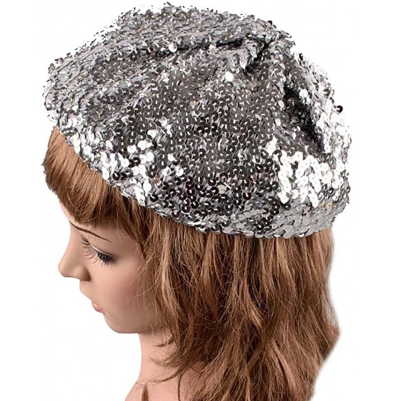 Berets Women Metallic Sparkle Sequins Shimmer Beret Beanie Cap Hat for Dancing Party Fancy Dress - Silver - CO18XTWND0H